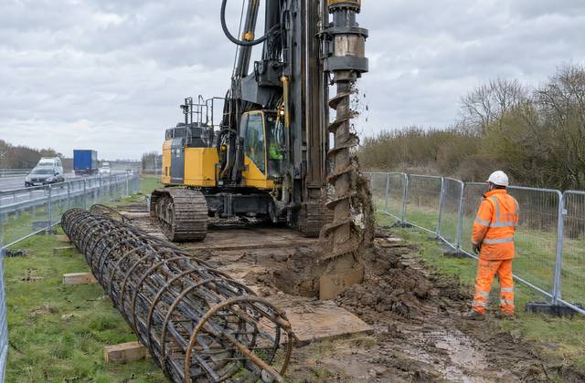 A piling crew in orange PPE beside a bored piling rig on the Vanguard Footbridge site