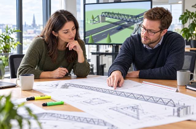 Two engineers reviewing footbridge drawings at a desk, with the 3D model on a screen behind them