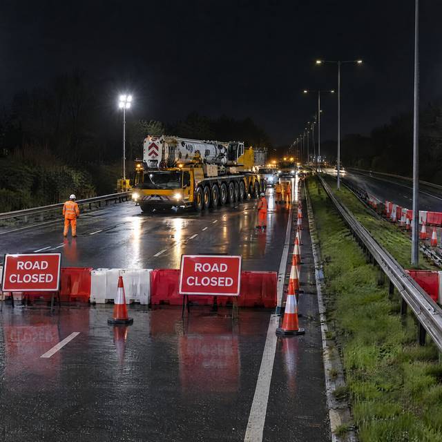 The dual carriageway closed at night for the lift, with road-closed barriers and the crane under floodlights