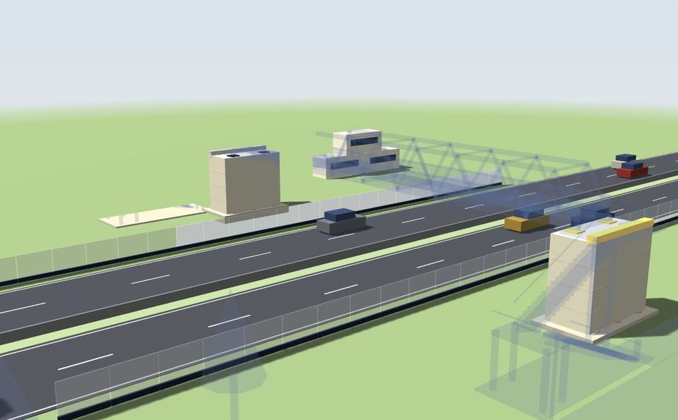 3D model of the site in week 15: both abutments built beside the dual carriageway, with the future bridge shown as a faint outline