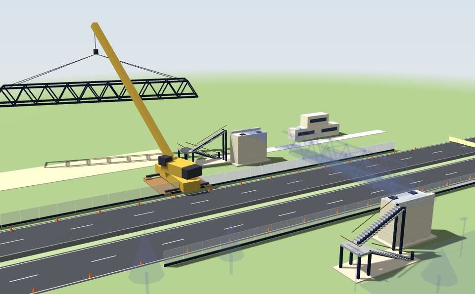 3D model of the lift weekend: a mobile crane swings the steel truss across the closed road
