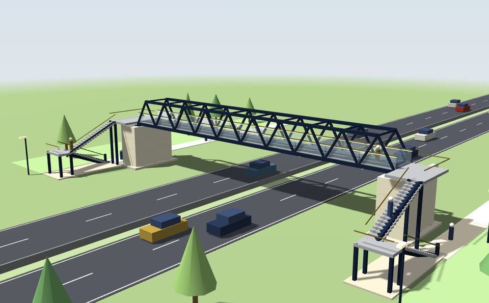 3D model of the finished footbridge with stair towers, trees and people walking across
